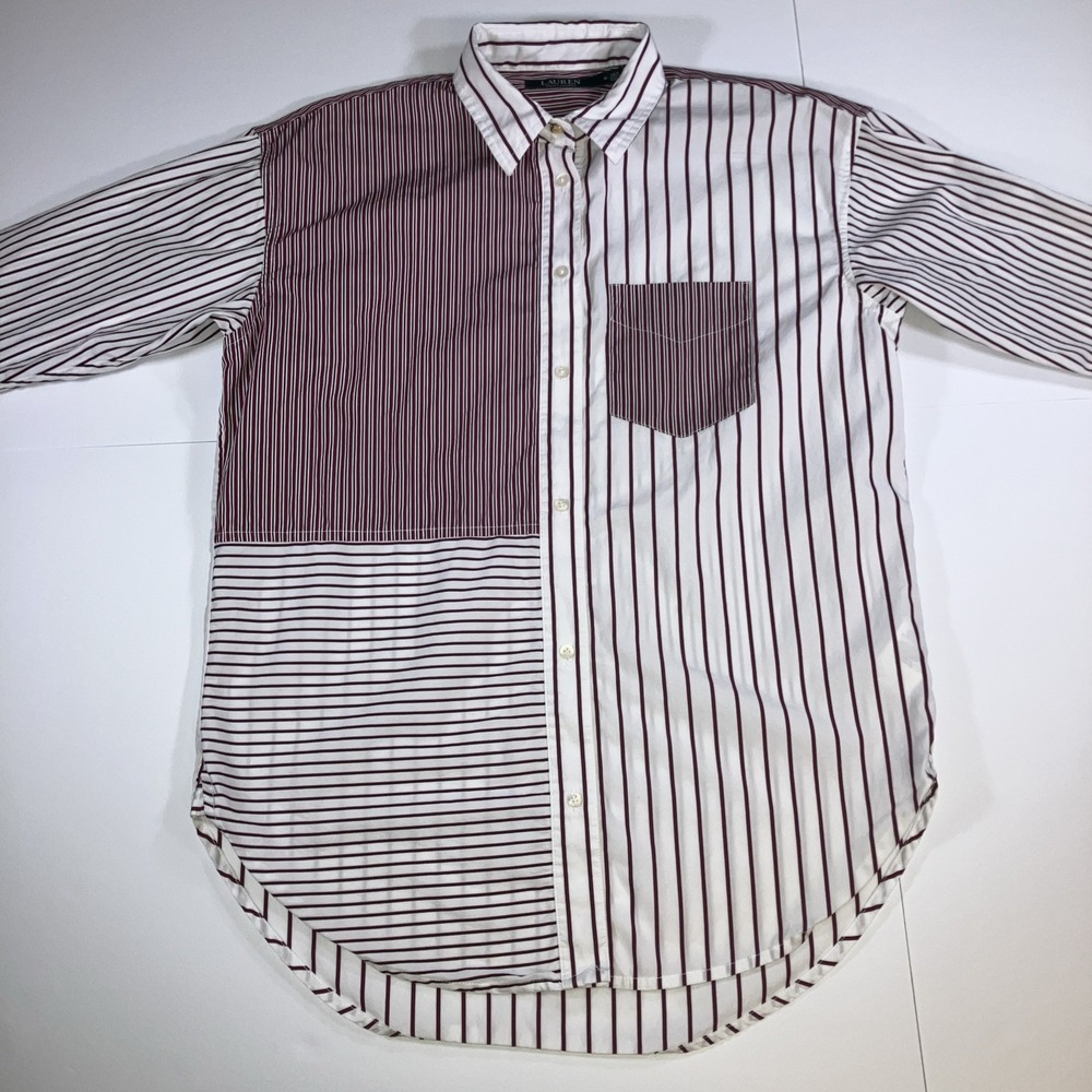 Lauren Ralph Lauren Red Striped Patchwork Long Sleeve Blouse Shirt Womens Medium - Picture 2 of 16